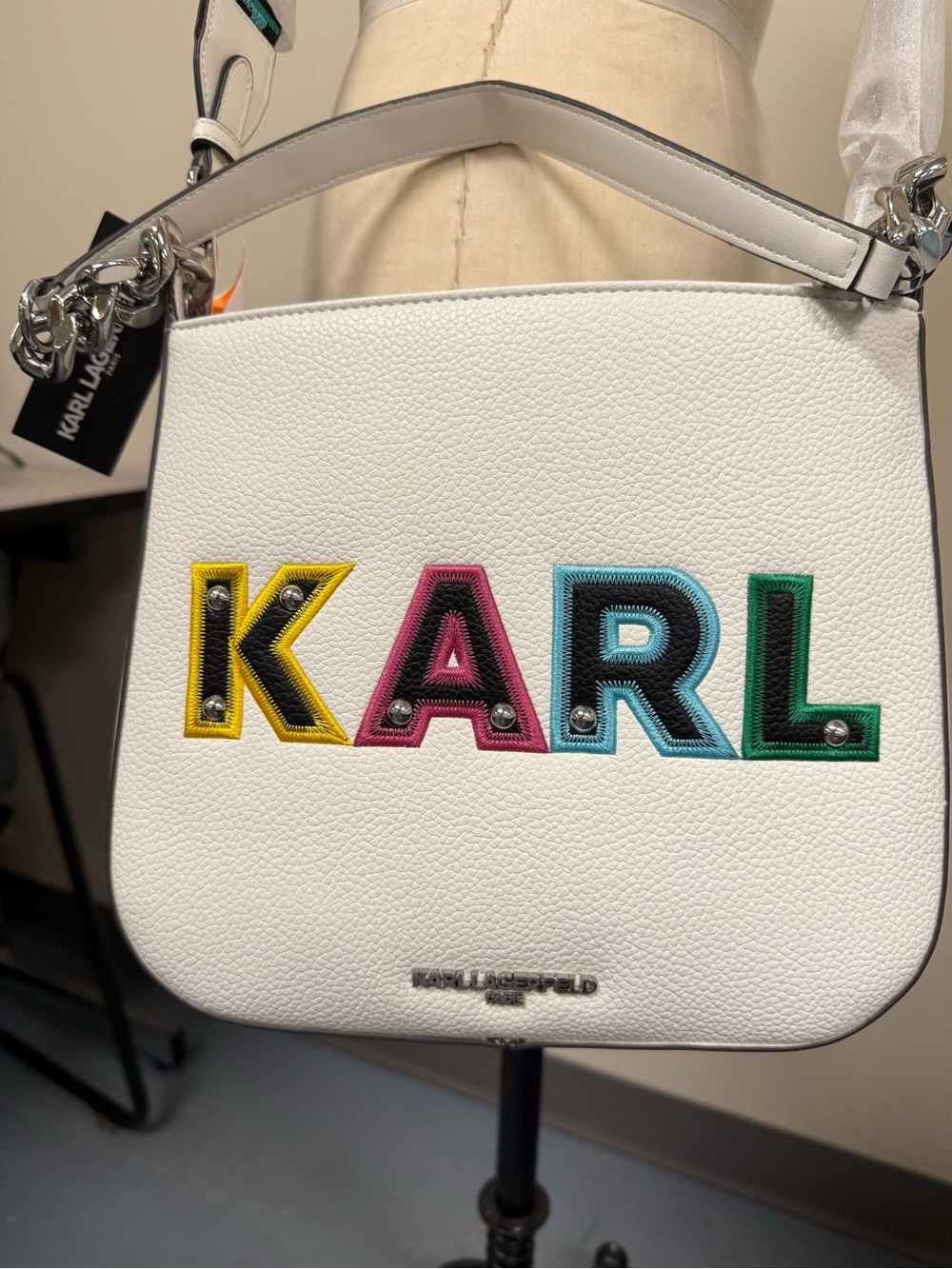 Karl Lagerfeld White faux Leather Shoulder Bag with Multicolor KARL Patch NWT